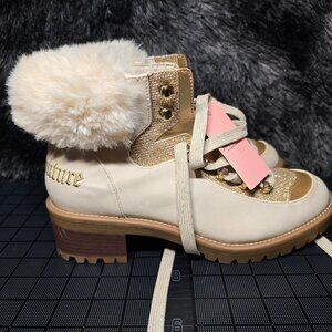 Juicy Couture Heeled Boots Womens 8.5M Gold Suede Faux Fur Lace Up